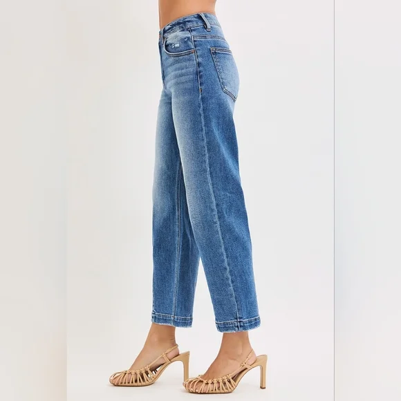 RISEN Barrel Jeans High-rise Boyfriend Vertical Seam Cropped Denim Distressed - Picture 3 of 16